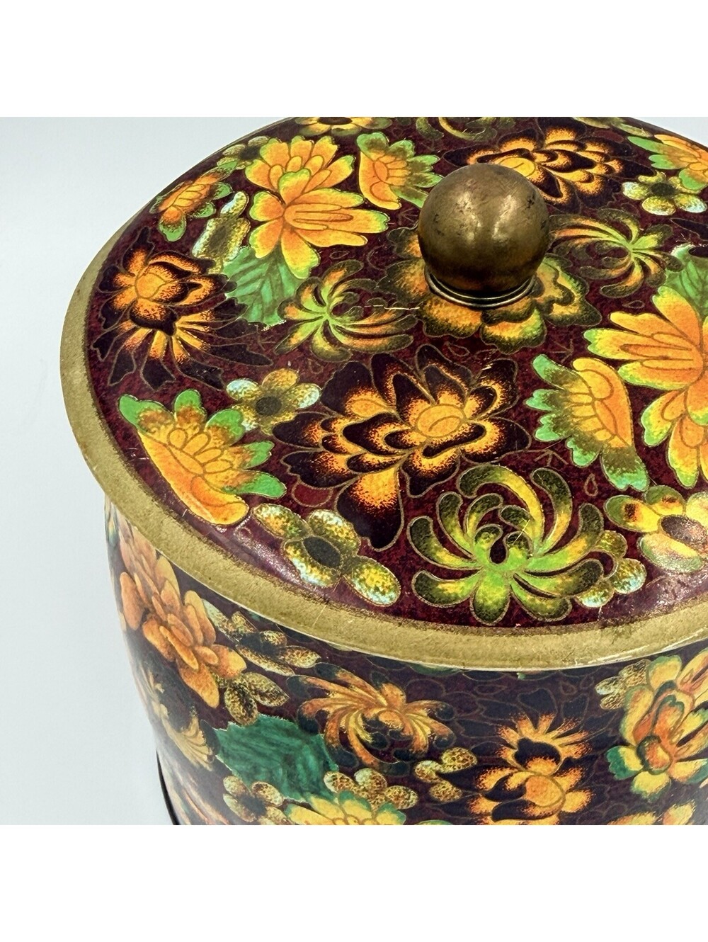 Vintage Daher Floral Tin Canister Lid Brass Knob Finial Made in England 6" - Picture 3 of 8